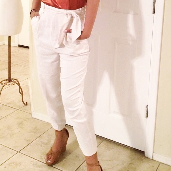 H&M Cream Ankle Length Trousers Pants with Belt & Pockets Size 6 - Picture 8 of 8